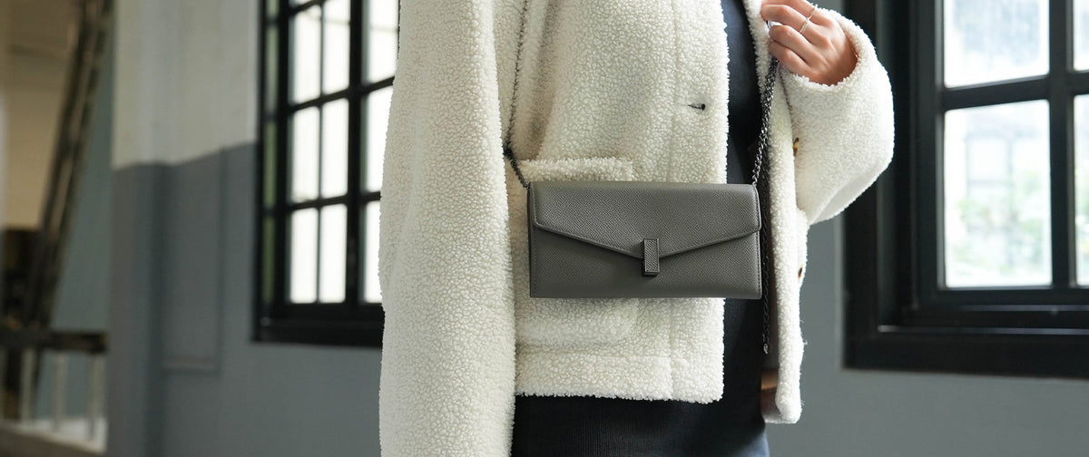 Carina XL v2 Crossbody Clutch - Italian Cross-Hatch in Metal Gray