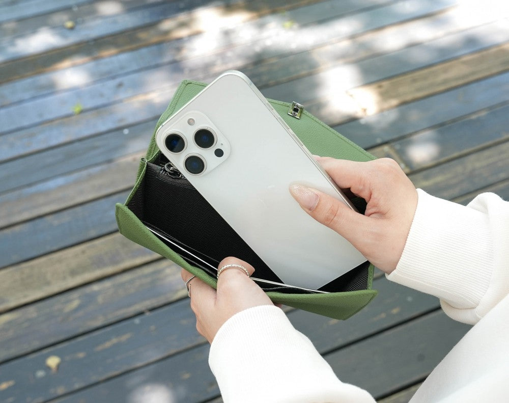 Carina XL v2 Crossbody Clutch - Italian Cross-Hatch in Matcha